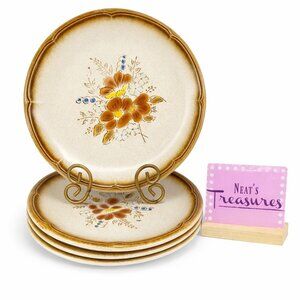 70's Mikasa SUNGLOW Provincial Rust Yellow Floral Stoneware Dinner Plates Set 4
